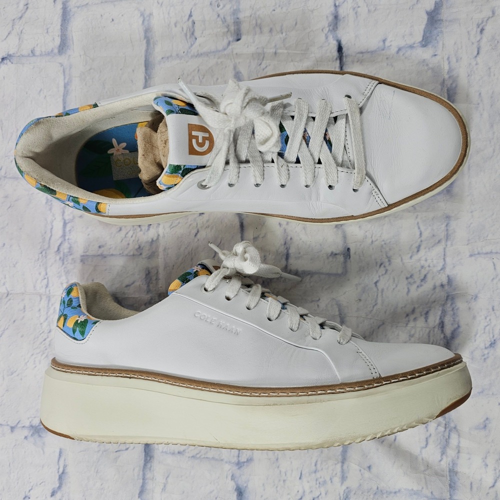 Cole Haan GrandPro Topspin Platform Sneakers Womens 9 White Lemon Print Leather
